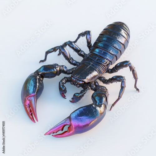Iridescent scorpion with large pincers on a white surface close up view