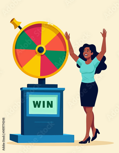 Excited woman wins prize on colorful fortune wheel game