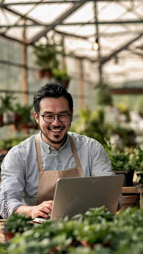 An Asian man with glasses, wearing an apron, sits surrounded by plants and uses a laptop. His smile conveys passion for his work within a plant-filled environment, blending technology with nature. An Asian man with glasses, wearing an apron, sits surrounded by plants and uses a laptop. His smile conveys passion for his work within a plant-filled environment, blending technology with nature.