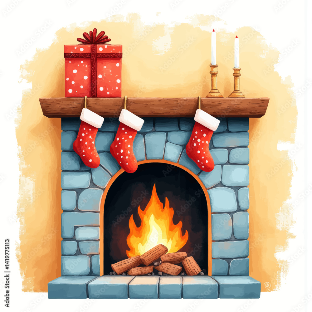 Obraz premium Festive Fireplace with Stockings, Gift, and Candles