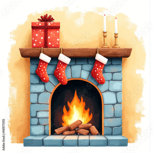 Festive Fireplace with Stockings, Gift, and Candles