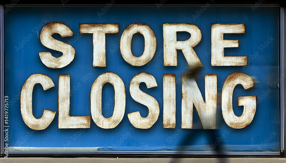 Obraz premium Store closing sign in window, blue background, distressed lettering, blurry pedestrian.