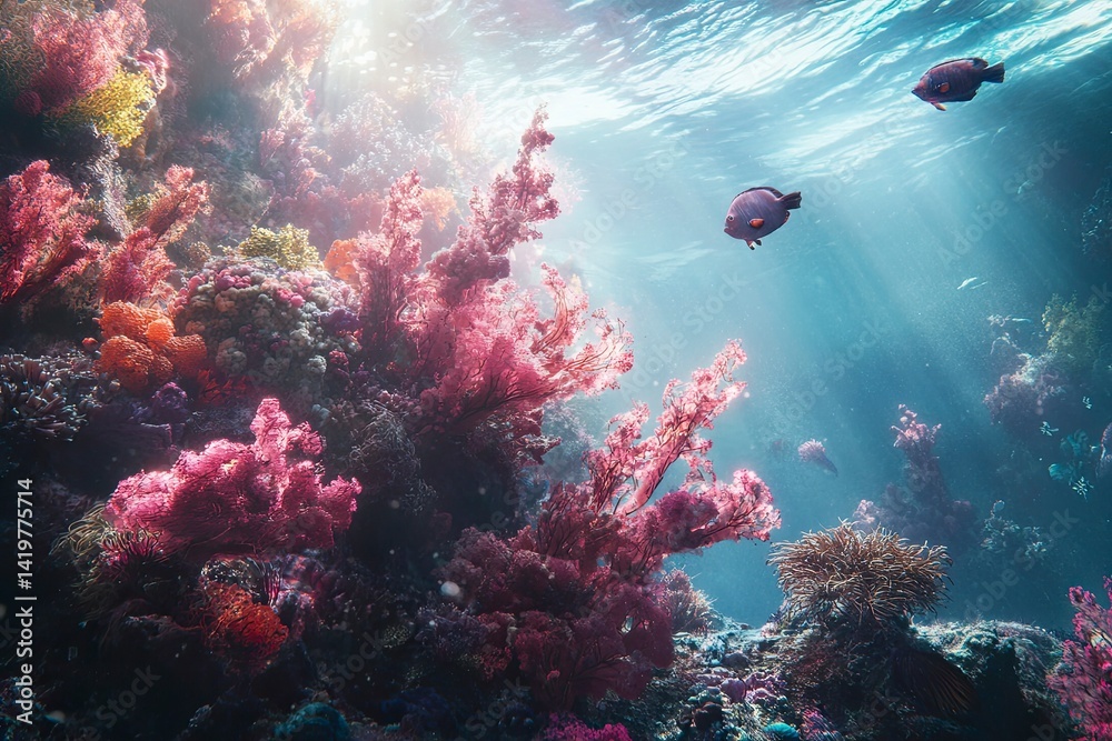 Fototapeta premium Underwater Coral Reef with Fish and Sunlight