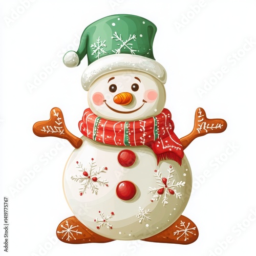 Illustration of a happy snowman with a green hat and red striped scarf