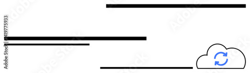 Cloud outlined with sync icon at the bottom right, offset horizontal lines above. Ideal for technology, connectivity, networking, communication, cloud storage, data transfer, flat simple metaphor