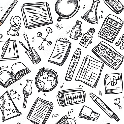 Seamless pattern filled with school supplies and science equipment drawings
