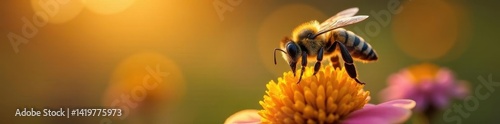 Close-up bee hovering, honey pot, wildflowers at dusk, vibrant, light, floral background
