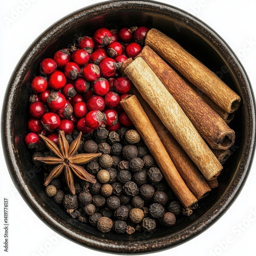 A black bowl filled with red peppercorns black peppercorns cinnamon and star anise