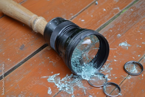 Broken flashlight lens on wooden surface with scattered glass shards and metal rings nearby