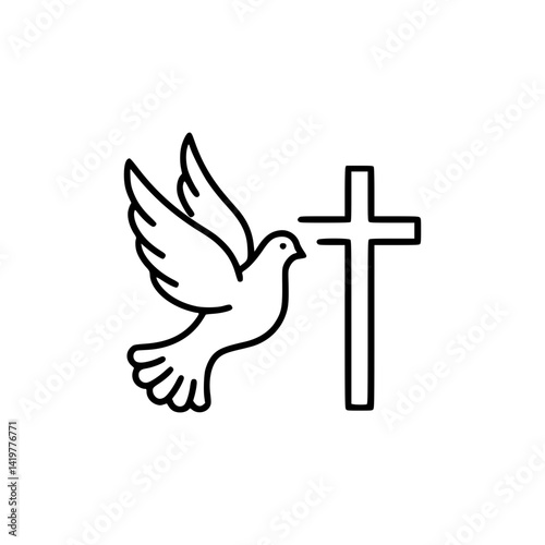 Outline icon of dove and cross symbolizing Christianity  