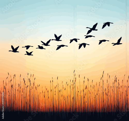 Geese Flying Over Marsh at Sunset Silhouette