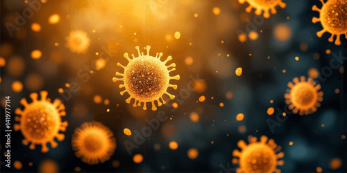 Golden Coronavirus Cells Floating in Dark Space