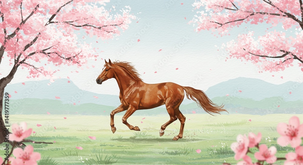 Majestic horse trotting in cherry blossom landscape for spring theme designs