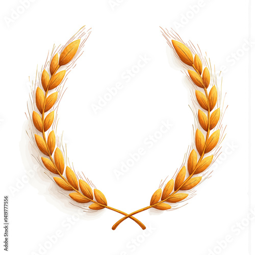 Golden wheat wreath on white background