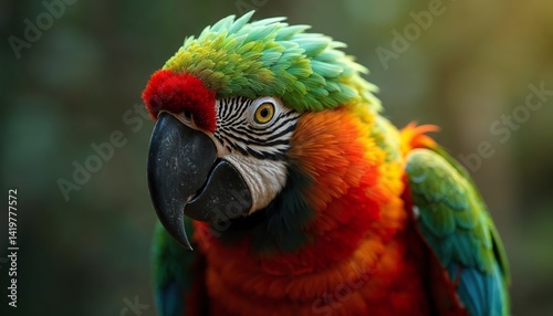 Macro Shot of Green-Winged Macaw with Emerald and Crimson Plumage and Intricate Feather Patterns

