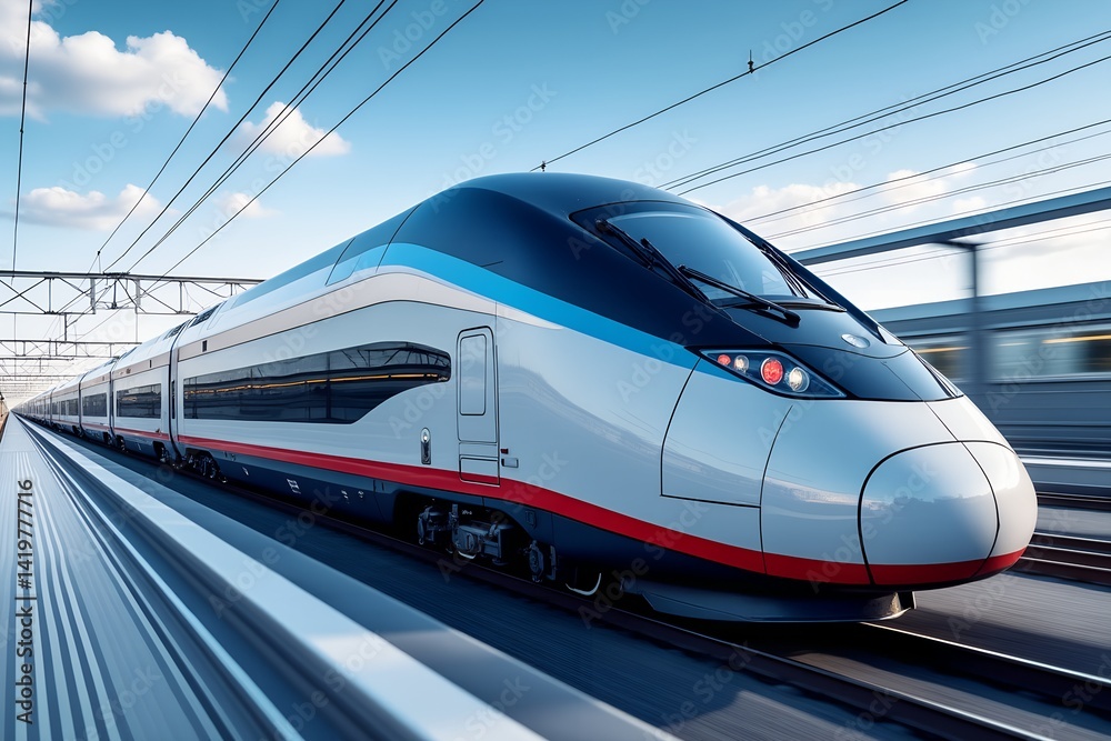 Fototapeta premium Modern high-speed train in motion on railway tracks, showcasing sleek aerodynamic design
