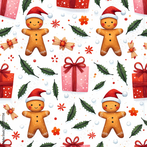 Festive gingerbread men, gifts, and holly pattern