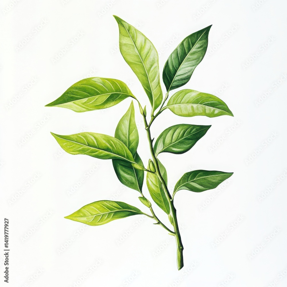 Fototapeta premium Illustration of a leafy green branch with a white background showing detail