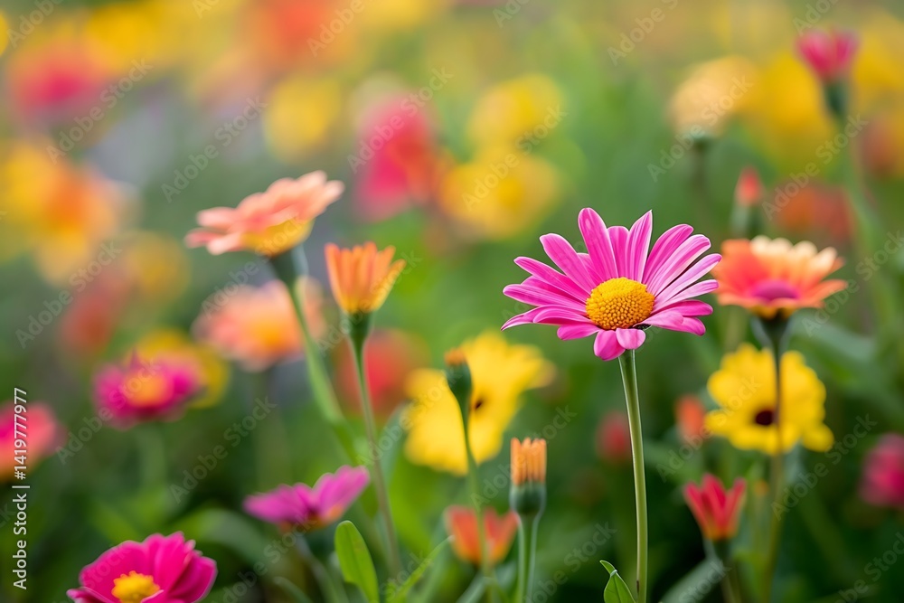 Vibrant Flower Field Displaying Pink Yellow and Orange Blossoms Under Sunlight Vibrant Flower Field Displaying Pink Yellow and Orange Blossoms Under Sunlight