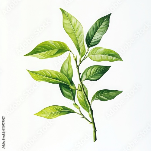 Illustration of a leafy green branch with a white background showing detail