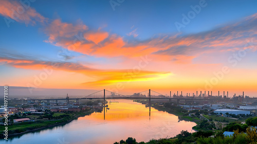 Sunrise Over Industrial River City Panorama