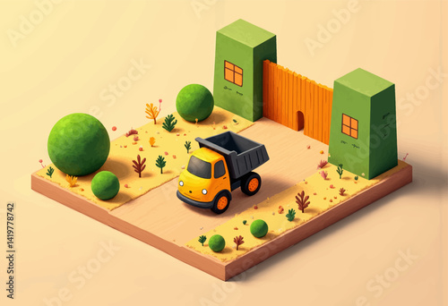 Isometric Yellow Dump Truck on a Playful Block Landscape