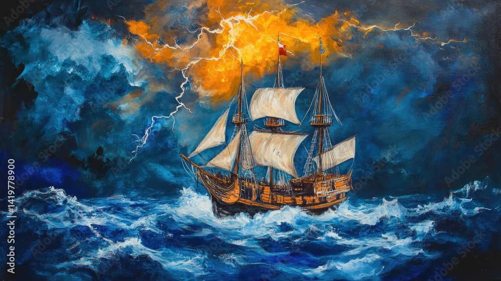 Fototapeta premium Sailing ship braves stormy sea, lightning flashes.