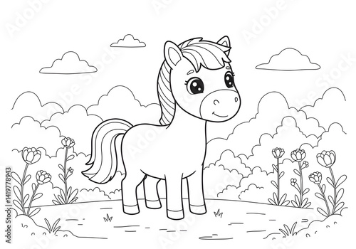 coloring page with a picture of a horse in the park