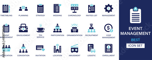 Event management icon set. Timetabling, planning, strategy, wedding, chronology, invited list, involvement, cost, association and best solid icon set.
