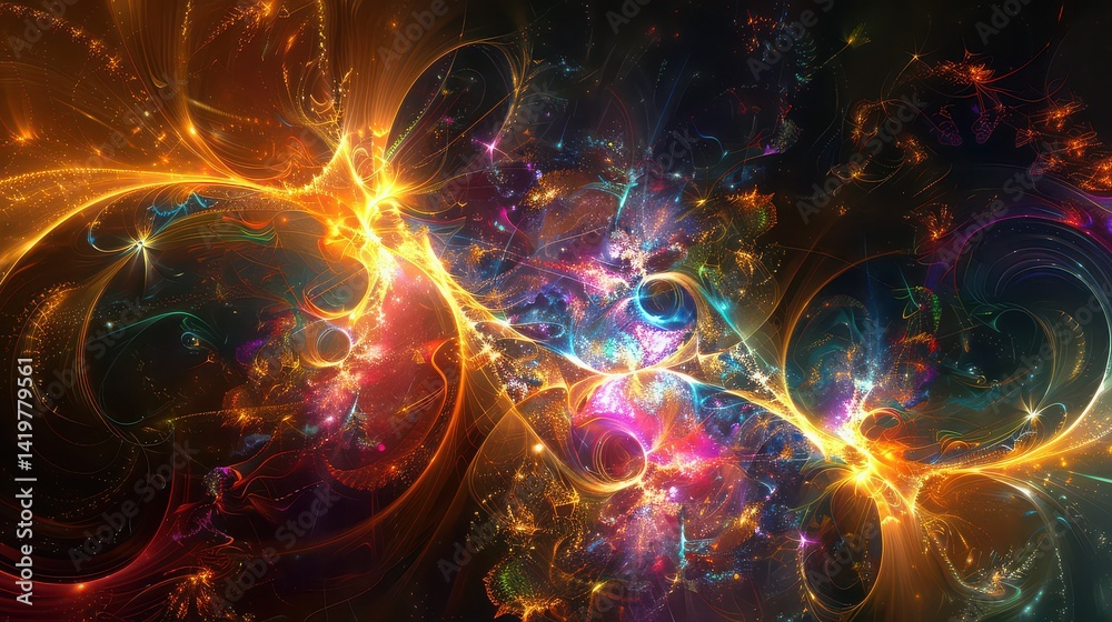 Obraz premium A vibrant abstract artwork featuring swirling patterns of bright colors and glowing light effects