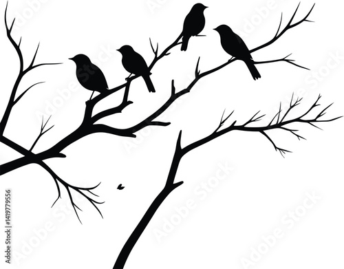 Three Birds Silhouette on Branch | Vector Nature Clipart Design