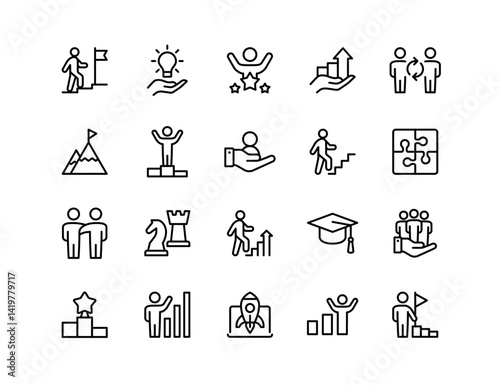 Personal Growth Vector Icon Set | Adjustable Line Weight | Goal, success, mindset, progress, motivation, learning, support, achievement, potential, development, education, leadership, vision icons