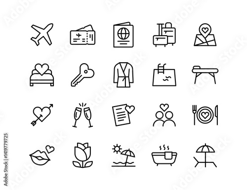 Honeymoon Trip Vector Icon Set | Adjustable Line Weight | Love, travel, couple, romance, spa, bed, champagne, kiss, beach, robe, pool, key, dinner, passion icons