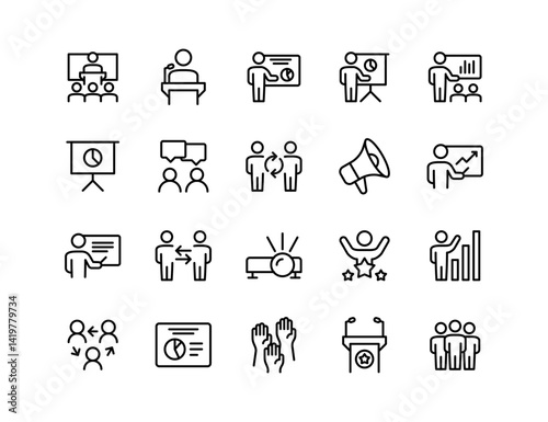 Conference Vector Icon Set | Adjustable Line Weight | Speaker, podium, audience, chart, presentation, mic, discussion, seminar, networking, success, projector, meeting, talk, panel icons