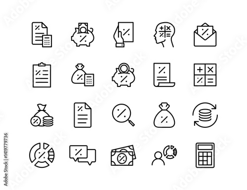 Tax Vector Icon Set | Adjustable Line Weight | Finance, money, accounting, bill, percentage, refund, deduction, savings, calculator, invoice, return, audit, payment, income icons