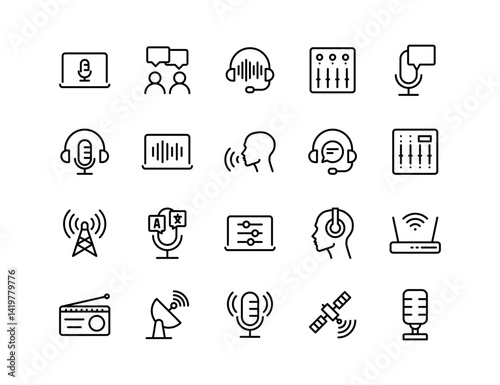 Podcast Vector Icon Set | Adjustable Line Weight | Microphone, voice, headset, radio, speech, editing, stream, host, listener, broadcast, laptop, sound, signal, studio icons