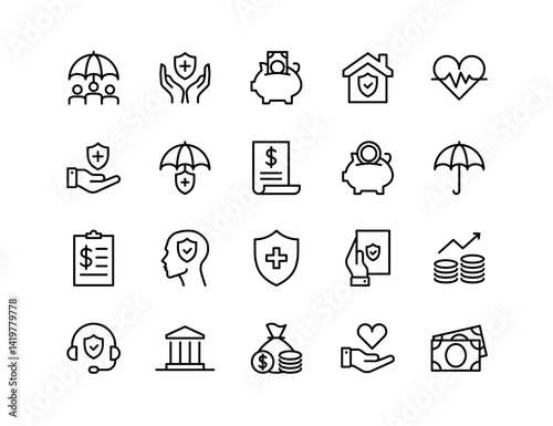 Insurance Vector Icon Set | Adjustable Line Weight | Protection, health, money, policy, umbrella, claim, savings, coverage, document, heart, home, shield, finance icons
