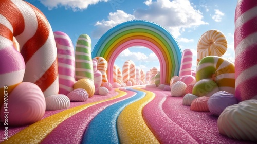 Whimsical Candy Landscape with Rainbow Arch