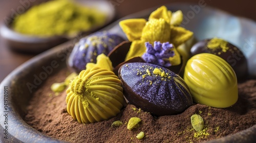 Handcrafted chocolate bonbons, each uniquely decorated, rest on a bed of dark cocoa powder - dusting rich homemade