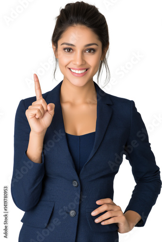 A Smiling Young Woman in a Blue Business Suit Pointing Upward, Transparent Background, Isolated