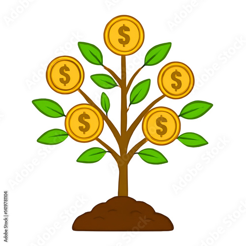 Coins on the tree. Business investment ideas coin tree planting and saving money tree coin tree money growth idea for bank or bank vector illustration.