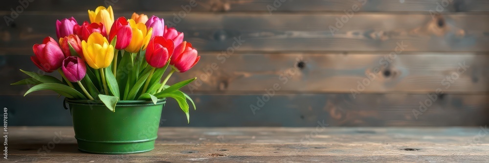 Fototapeta premium Colorful tulip basket centerpiece, rustic wood background , closeup, home decor, easter
