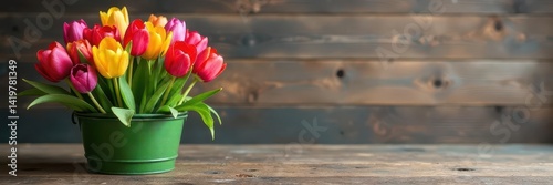Colorful tulip basket centerpiece, rustic wood background , closeup, home decor, easter