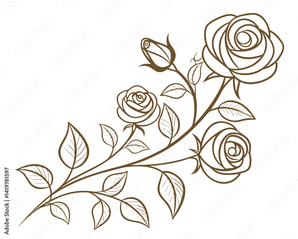 Elegant Golden Rose Branch Vector Illustration for Floral Design. Elegant Golden Rose Branch Vector Illustration for Floral Design.
