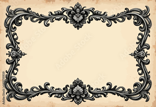 Ornate Floral Frame on Beige Parchment Background