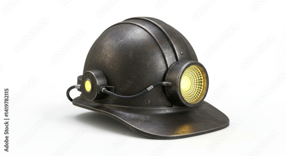 Obraz premium Dark Gray Metal Miner's Helmet With Gold Headlamp On White Background
