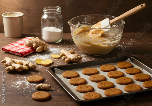 Warm kitchen scene with fresh ginger snap cookies and baking prop