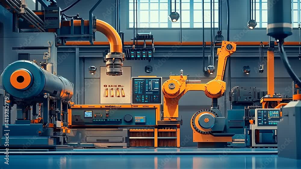 Advanced industrial workshop showcasing robotic arms and machinery in a high-tech manufacturing environment Advanced industrial workshop showcasing robotic arms and machinery in a high-tech manufacturing environment