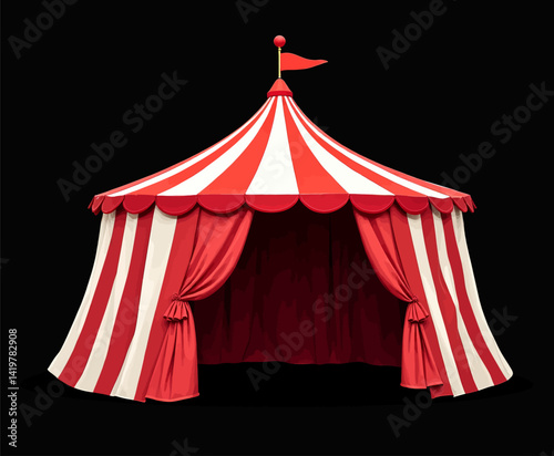 Red and white striped circus tent with flag on top