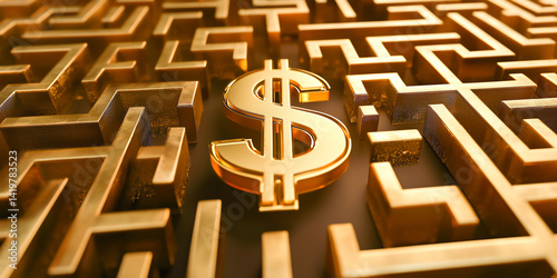 A 3D golden maze symbolizing business challenges and a dollar sign exit